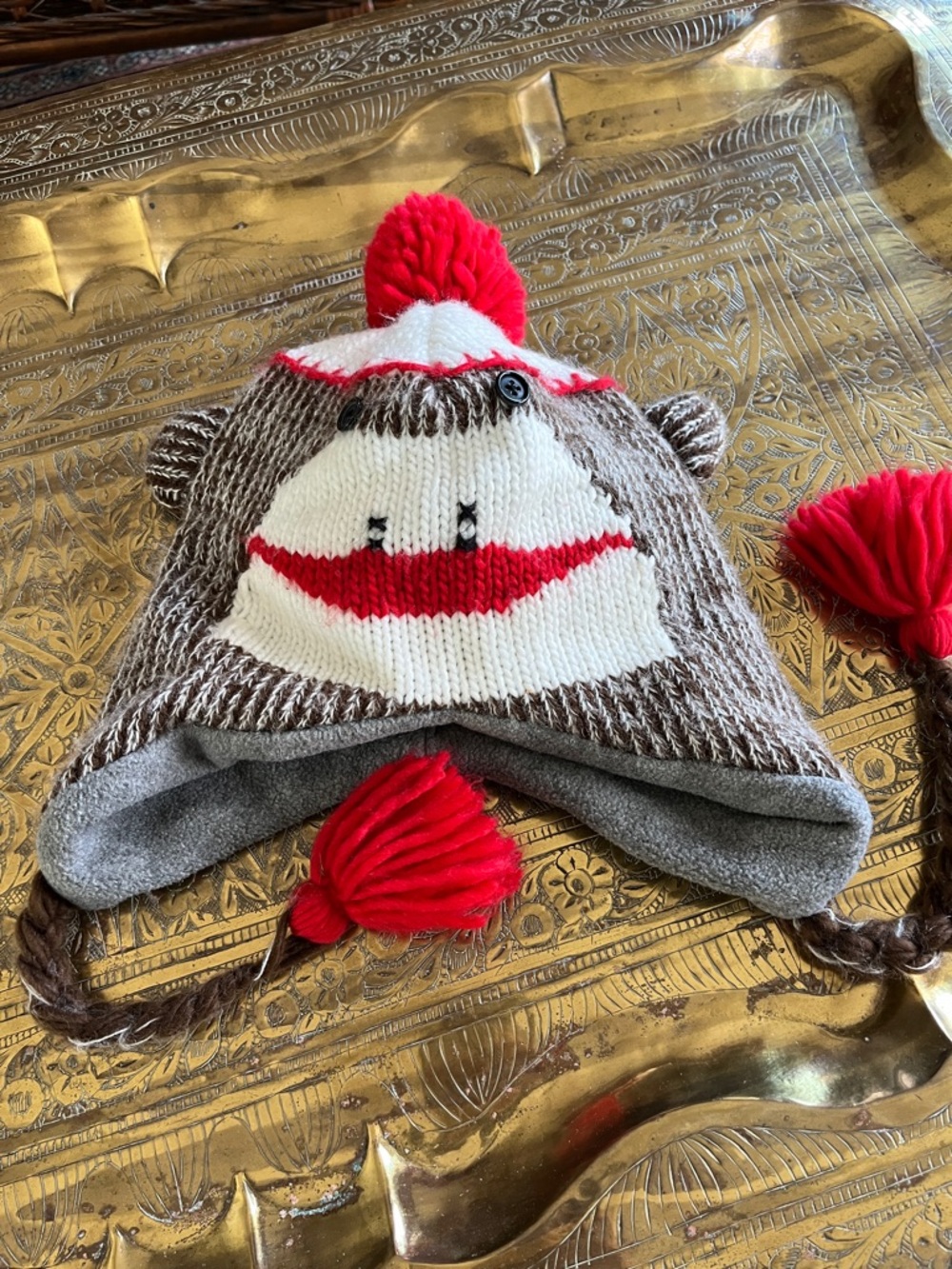Red & Brown Sock Monkey Knit Kids Hat with Pom-Poms